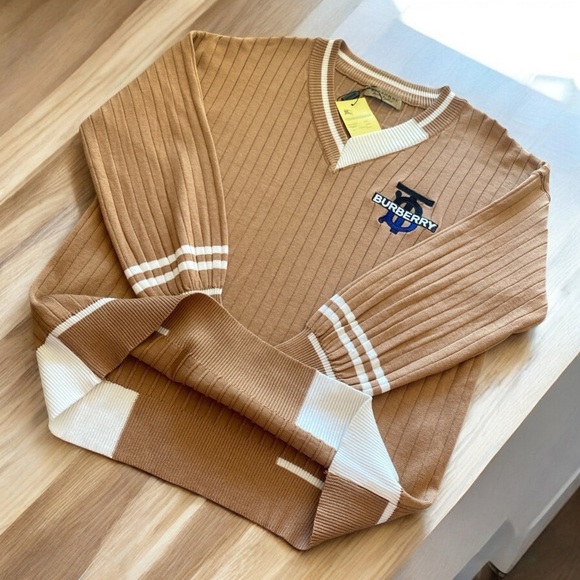 Burberry Pullover V-Neck Cardigan XL Caramel Brown/White Quiet Luxury NWT - Picture 11 of 14